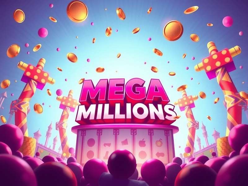 A hand holding a Mega Millions lottery ticket with golden coins spilling in the background