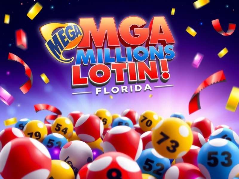 A vibrant Florida landscape with a Mega Millions lottery ticket overlay
