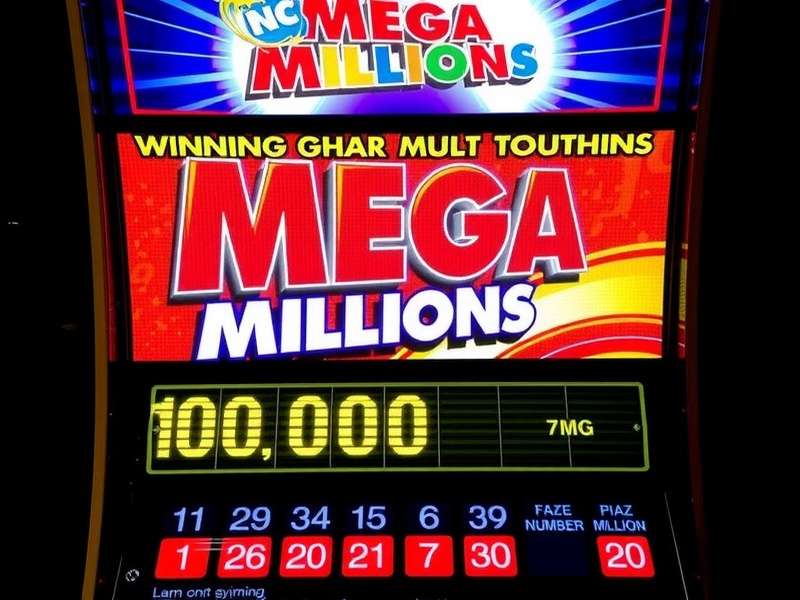North Carolina Mega Millions lottery ticket and winning numbers on a wooden table
