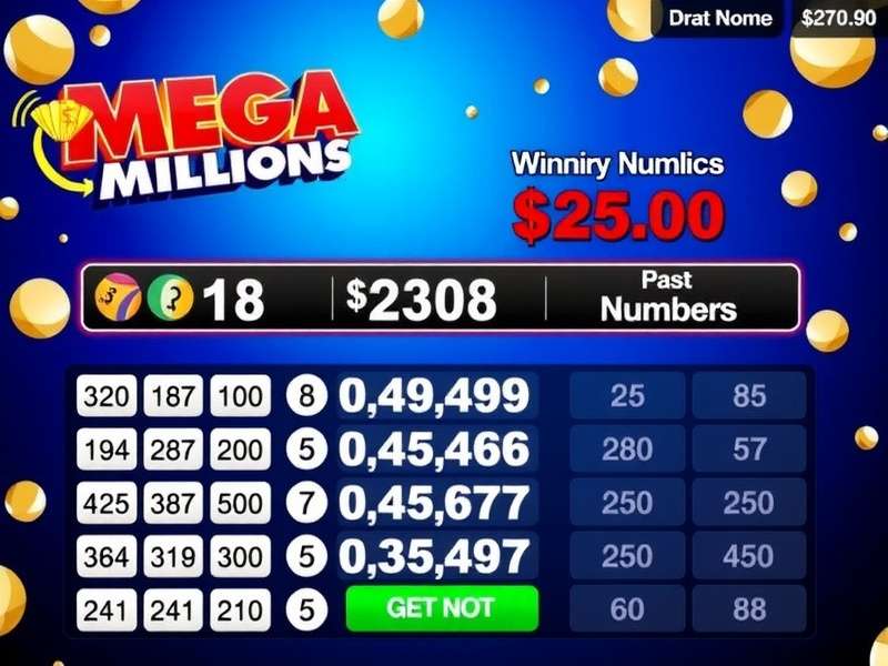 Mega Millions past winning numbers archive with golden lottery balls and statistical charts