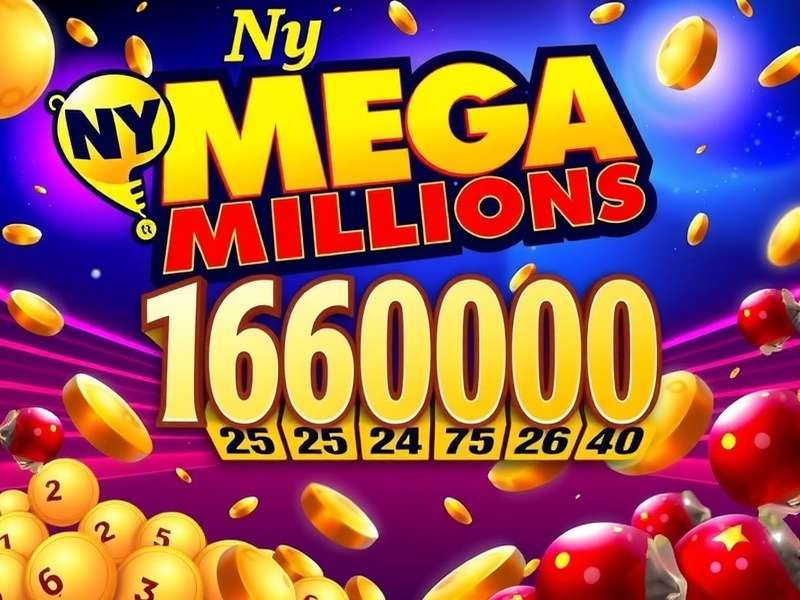 Ny Mega Millions Winning Numbers display with jackpot and lottery balls
