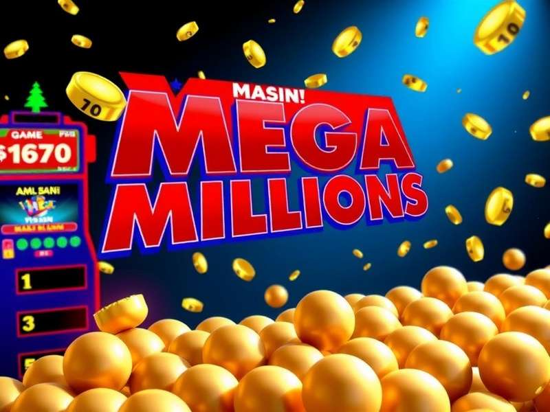 Golden California sunset with lottery balls and Mega Millions logo concept