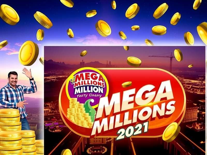 Mega Millions jackpot display with golden balls and red banner
